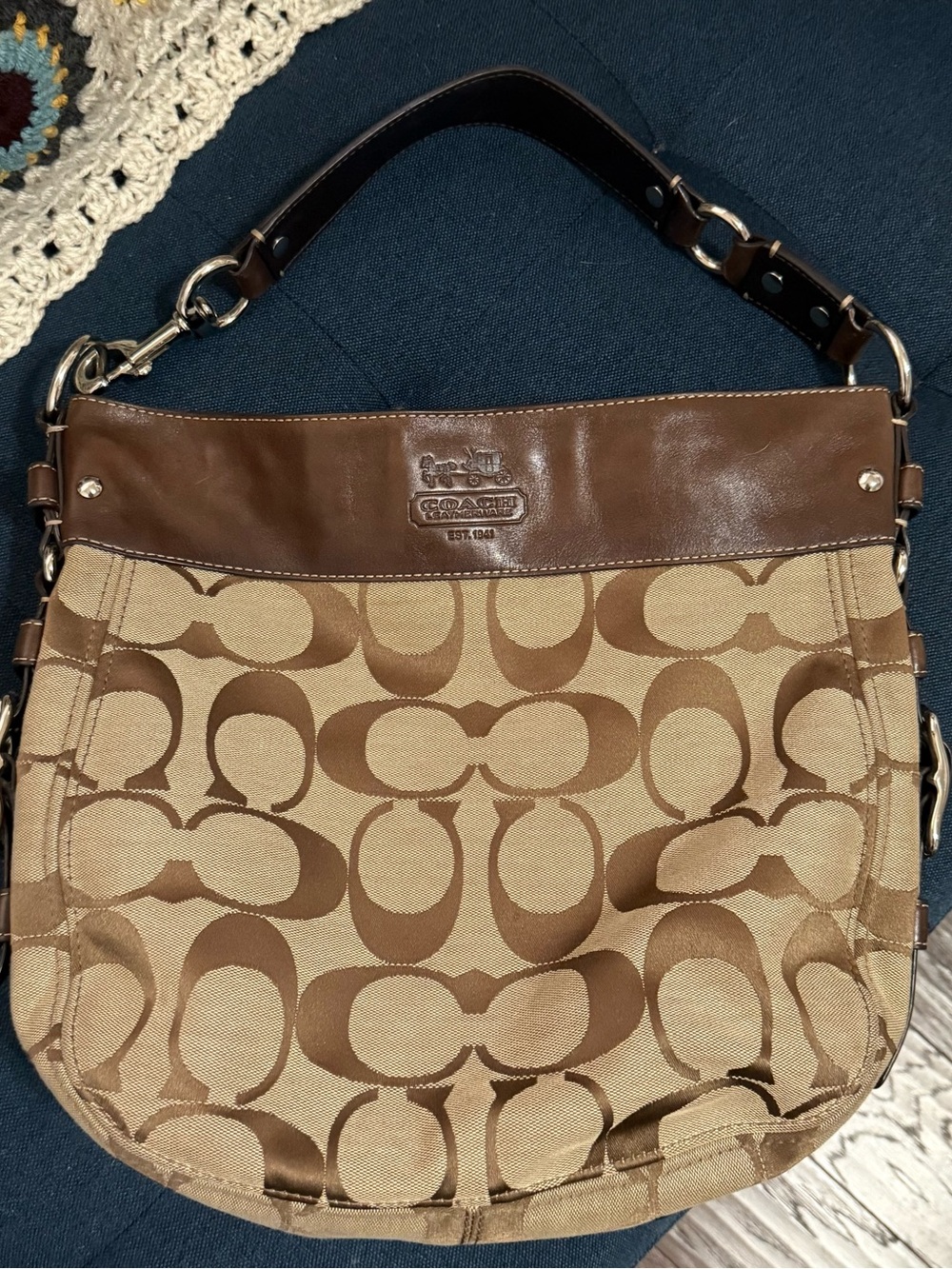 Coach Brown/Tan Signature Canvas Shoulder Bag with Leather Trim